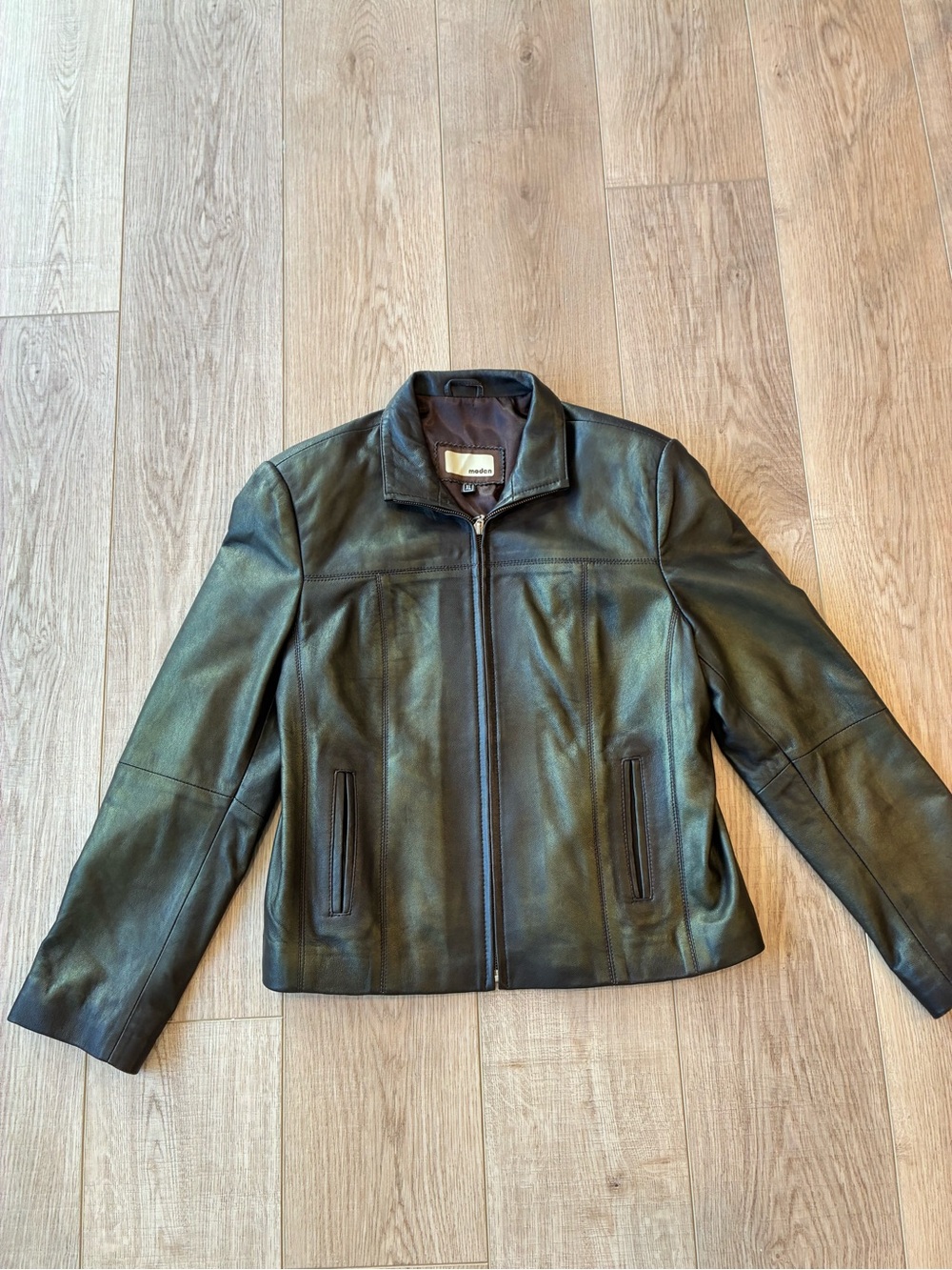 Moden Deep Brown Leather Zip-Front Jacket crop style iridescent Tint XL fitted